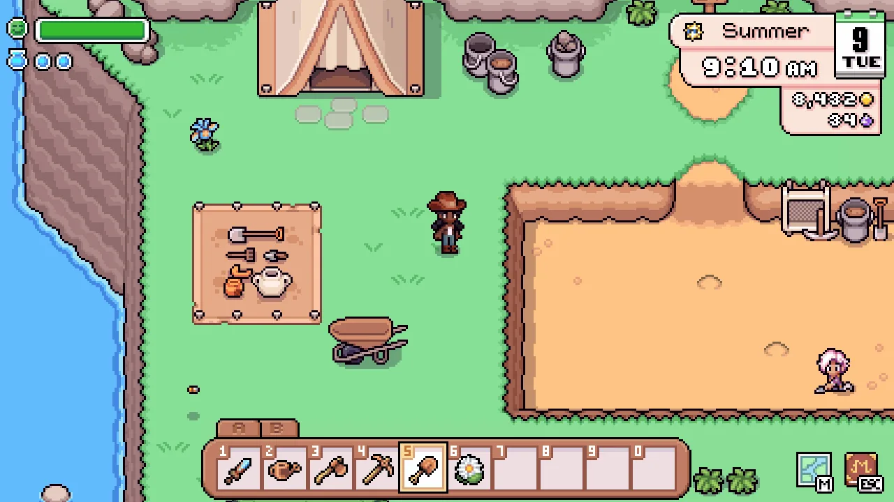 Fields of Mistria gameplay of digging up and identifying an artifact at the Western Ruins